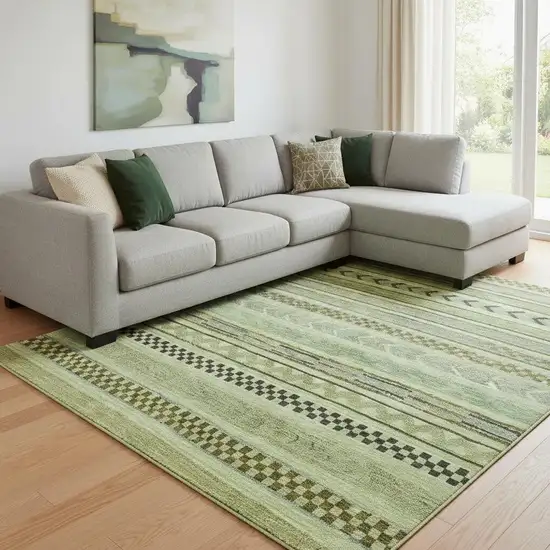 Artichoke Green Gray And Sage Striped Washable Area Rug With UV Protection Photo 2