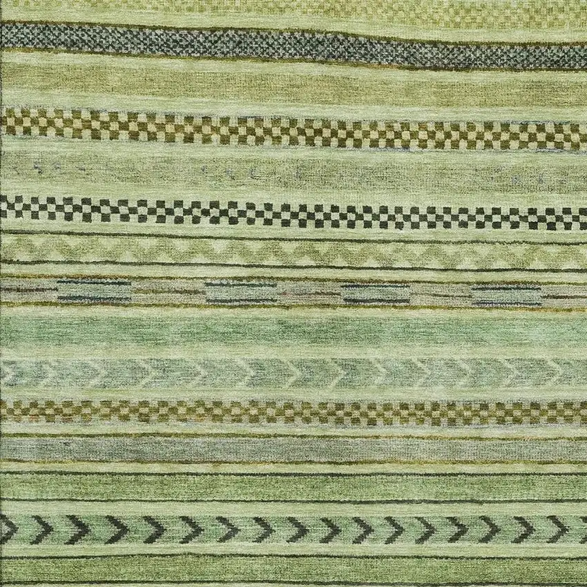 Artichoke Green Gray And Sage Striped Washable Area Rug With UV Protection Photo 2