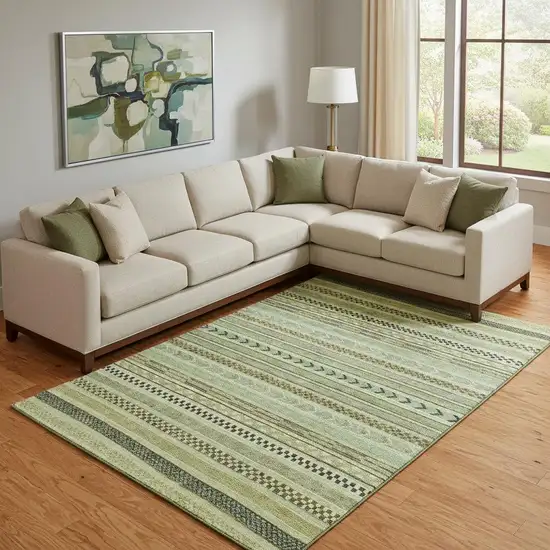 Artichoke Green Gray And Sage Striped Washable Area Rug With UV Protection Photo 2