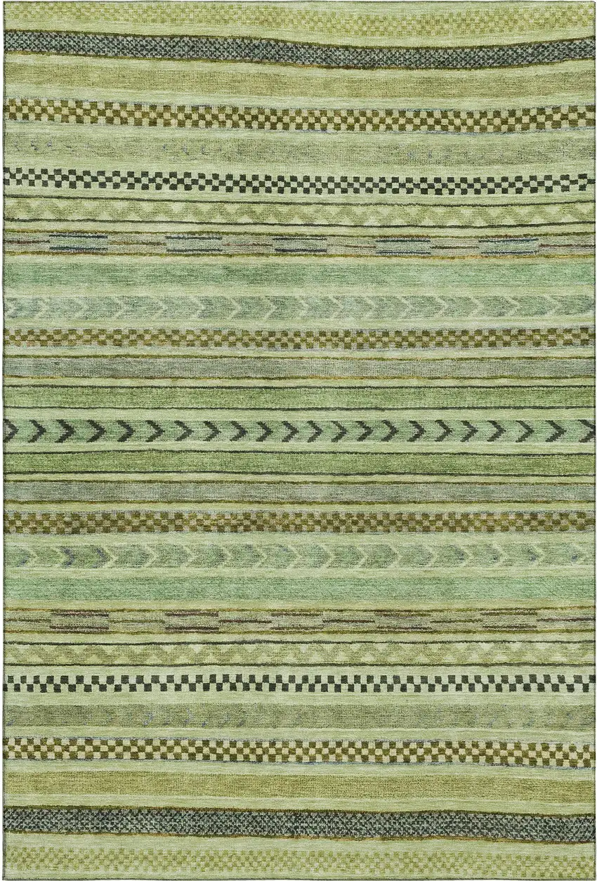 Artichoke Green Gray And Sage Striped Washable Area Rug With UV Protection Photo 1