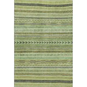 Photo of Artichoke Green Gray And Sage Striped Washable Area Rug With UV Protection