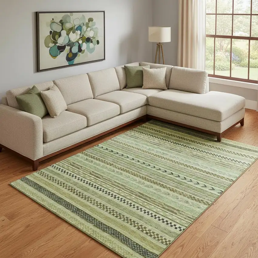 Artichoke Green Gray And Sage Striped Washable Area Rug With UV Protection Photo 2