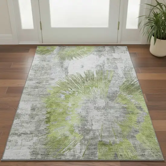 Artichoke Green Gray And Silver Abstract Washable Area Rug With UV Protection Photo 2