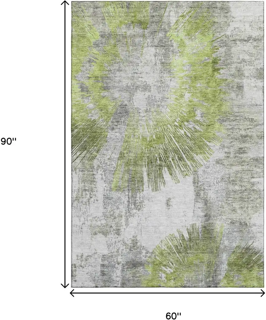 Artichoke Green Gray And Silver Abstract Washable Area Rug With UV Protection Photo 3