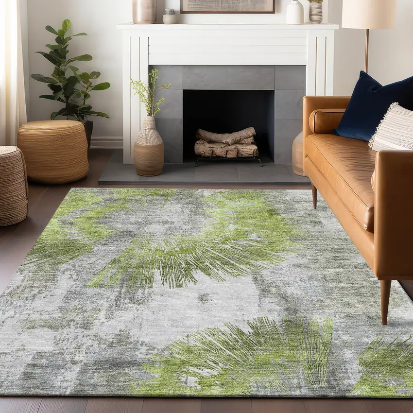 Artichoke Green Gray And Silver Abstract Washable Area Rug With UV Protection Photo 6