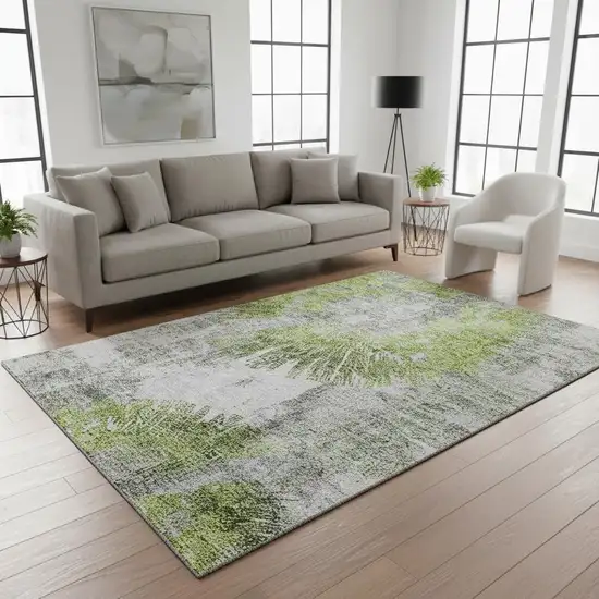 Artichoke Green Gray And Silver Abstract Washable Area Rug With UV Protection Photo 2
