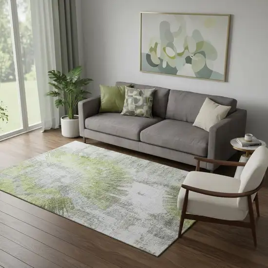 Artichoke Green Gray And Silver Abstract Washable Area Rug With UV Protection Photo 1