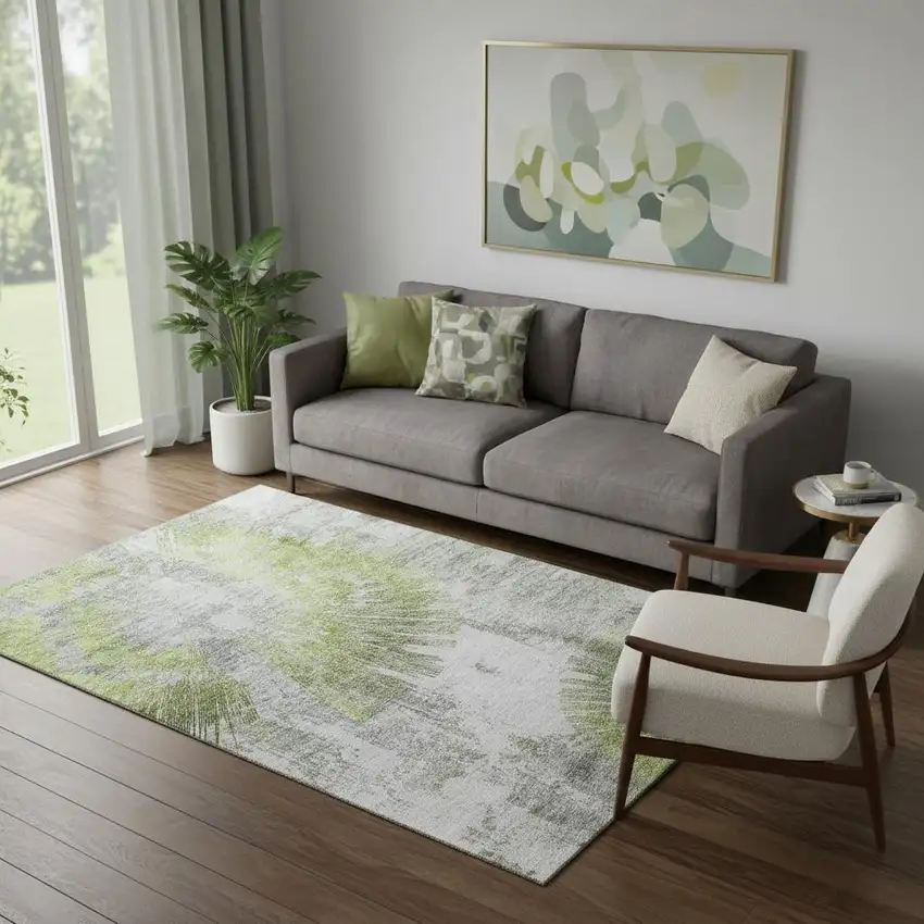 Artichoke Green Gray And Silver Abstract Washable Area Rug With UV Protection Photo 1