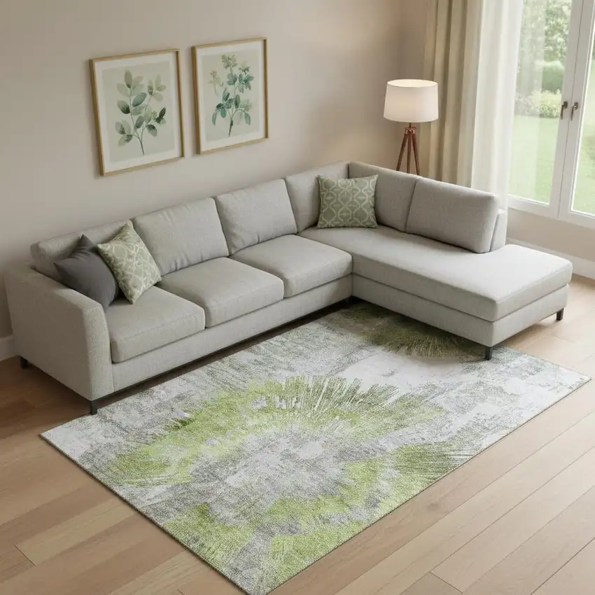 Artichoke Green Gray And Silver Abstract Washable Area Rug With UV Protection Photo 1