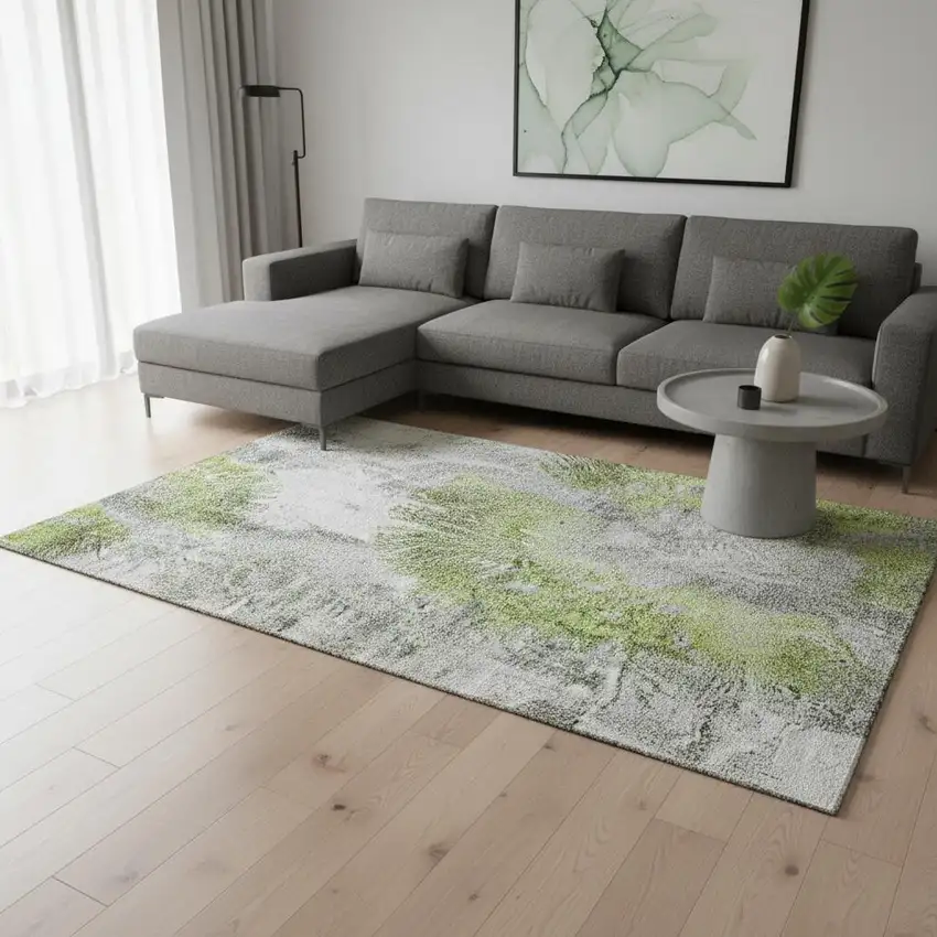 Artichoke Green Gray And Silver Abstract Washable Area Rug With UV Protection Photo 2