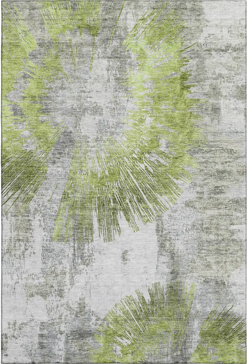 Artichoke Green Gray And Silver Abstract Washable Area Rug With UV Protection Photo 1