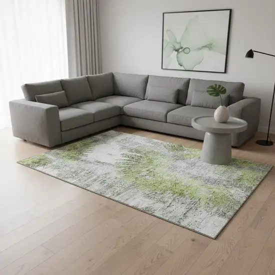 Artichoke Green Gray And Silver Abstract Washable Area Rug With UV Protection Photo 2
