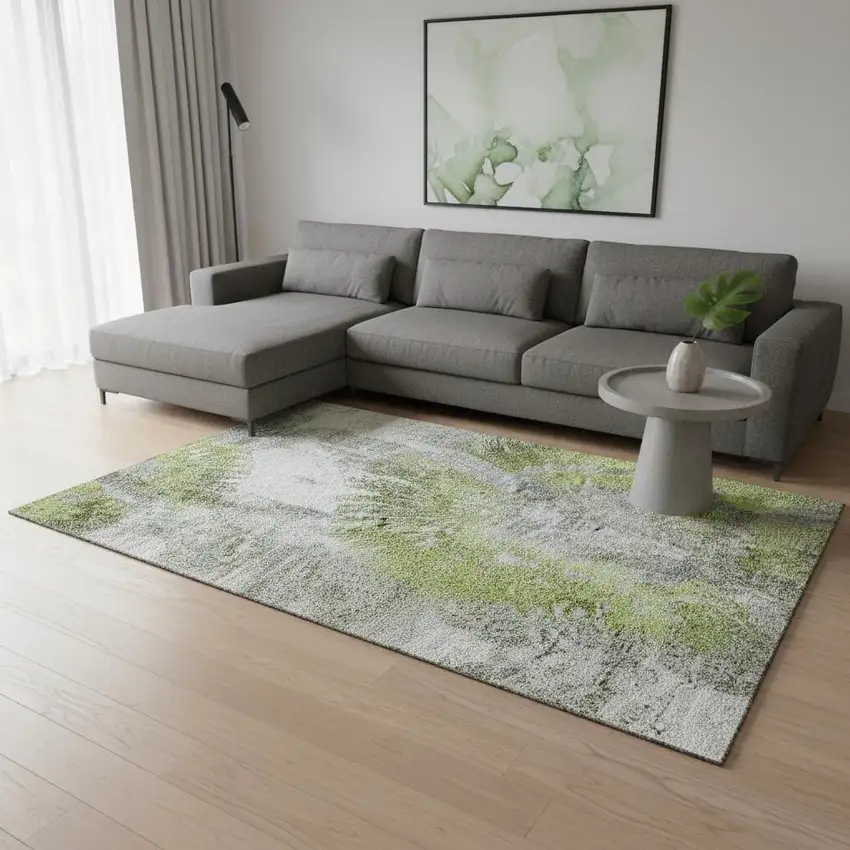 Artichoke Green Gray And Silver Abstract Washable Area Rug With UV Protection Photo 2