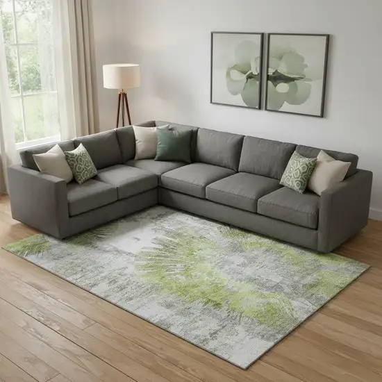 Artichoke Green Gray And Silver Abstract Washable Area Rug With UV Protection Photo 1