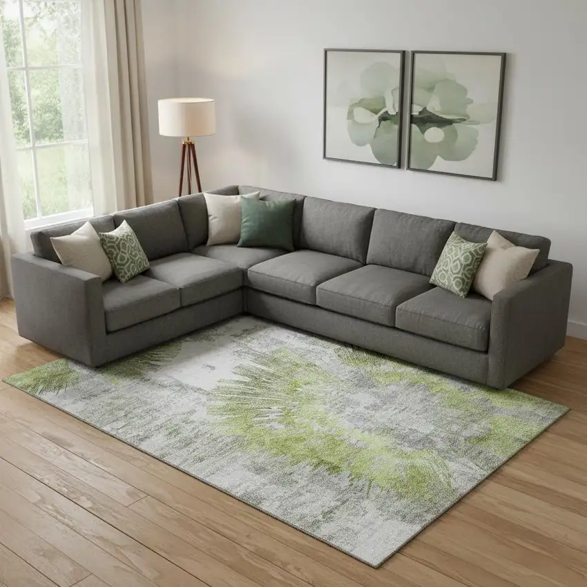 Artichoke Green Gray And Silver Abstract Washable Area Rug With UV Protection Photo 1