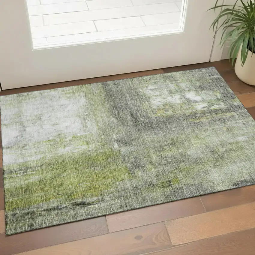Artichoke Green Gray And Silver Abstract Washable Area Rug With UV Protection Photo 1