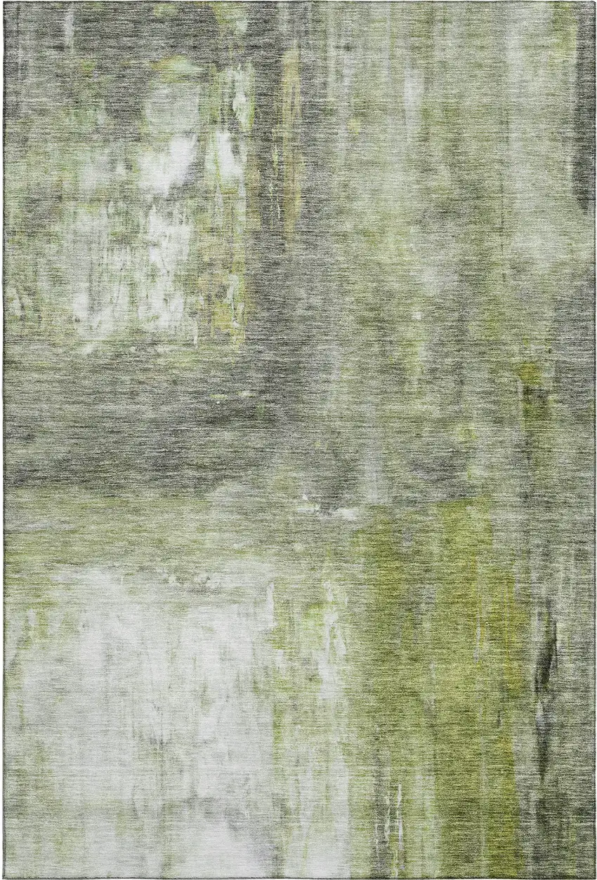 Artichoke Green Gray And Silver Abstract Washable Area Rug With UV Protection Photo 3