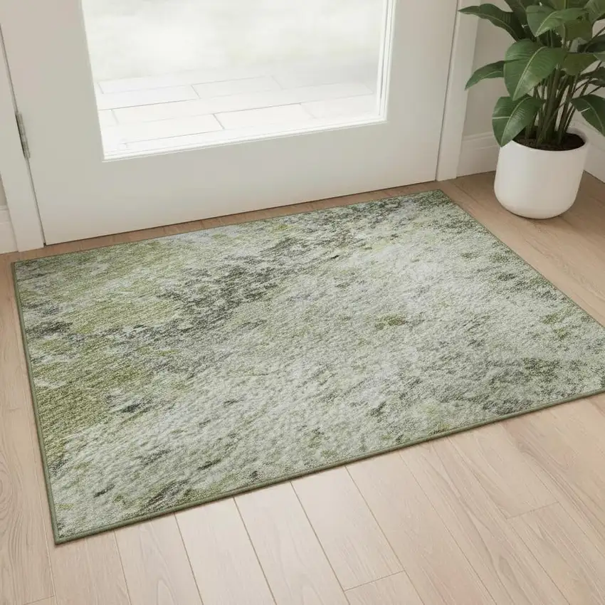 Artichoke Green Gray And Silver Abstract Washable Area Rug With UV Protection Photo 2