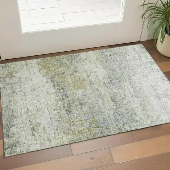Artichoke Green Gray And Silver Abstract Washable Area Rug With UV Protection Photo 1