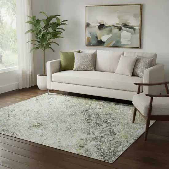 Artichoke Green Gray And Silver Abstract Washable Area Rug With UV Protection Photo 2