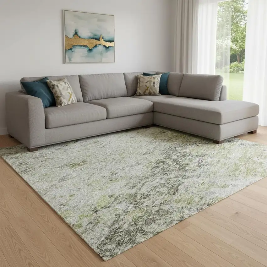 Artichoke Green Gray And Silver Abstract Washable Area Rug With UV Protection Photo 2