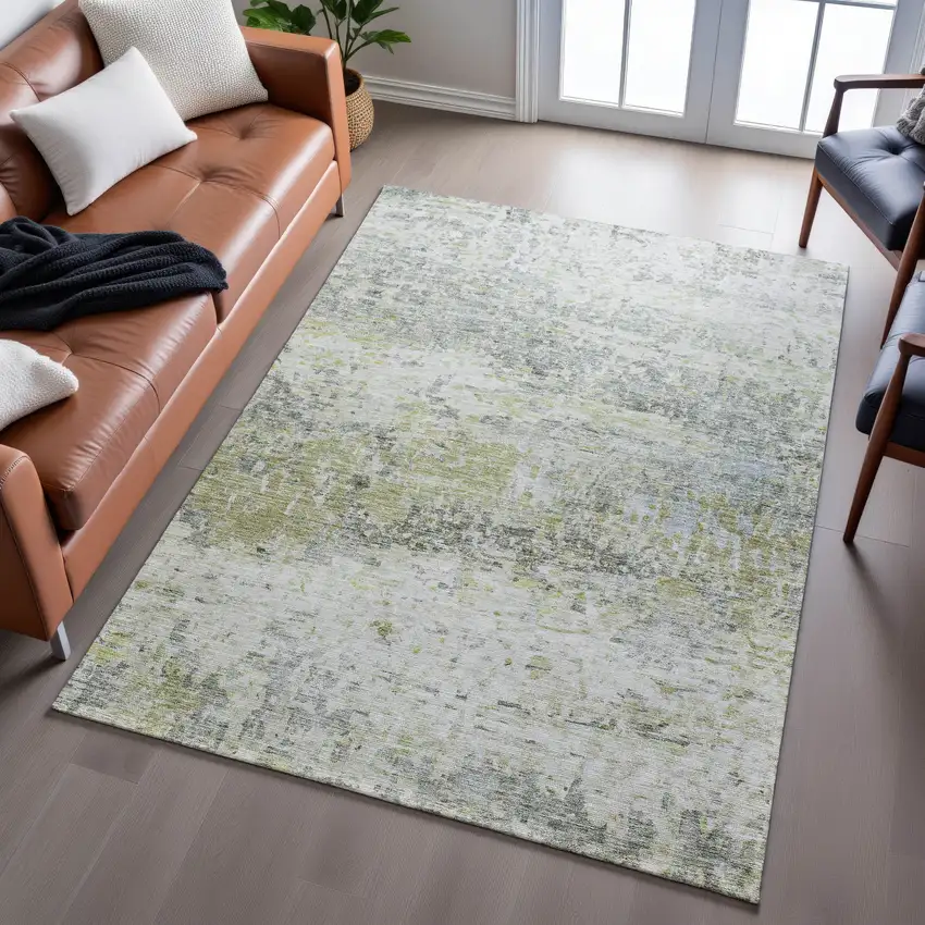 Artichoke Green Gray And Silver Abstract Washable Area Rug With UV Protection Photo 5