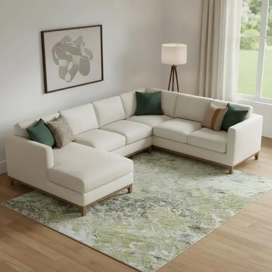 Artichoke Green Gray And Silver Abstract Washable Area Rug With UV Protection Photo 2