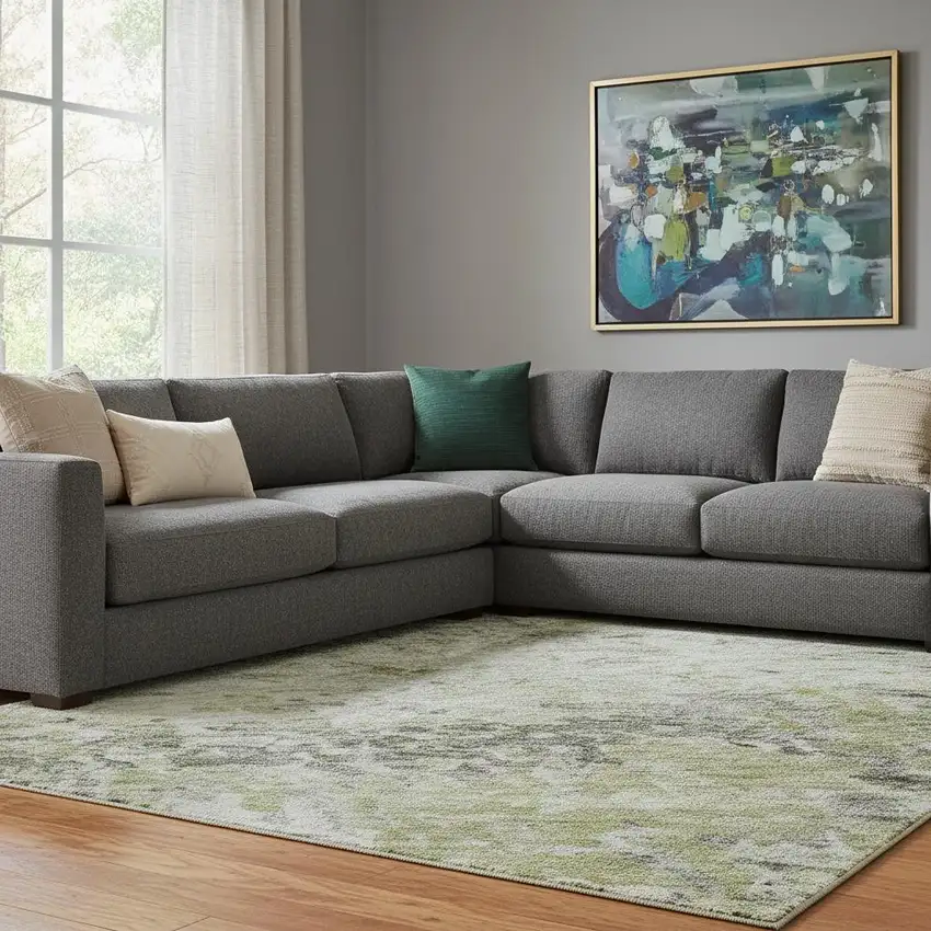 Artichoke Green Gray And Silver Abstract Washable Area Rug With UV Protection Photo 1