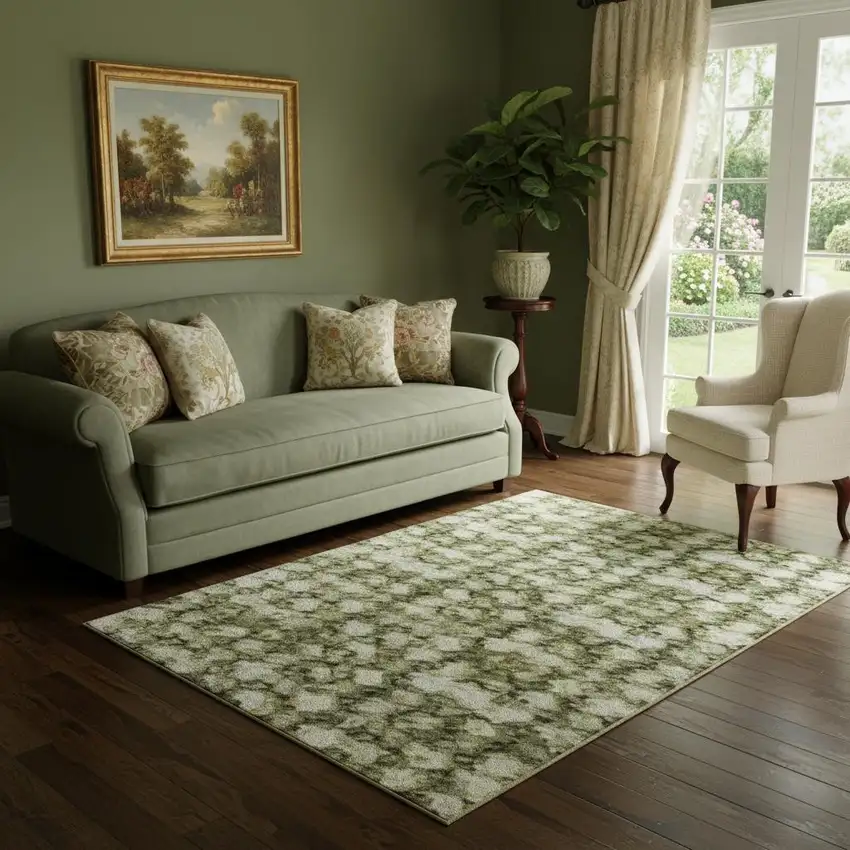 Artichoke Green Gray And Silver Abstract Washable Area Rug With UV Protection Photo 2