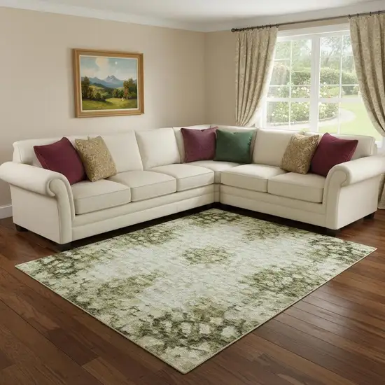 Artichoke Green Gray And Silver Abstract Washable Area Rug With UV Protection Photo 2