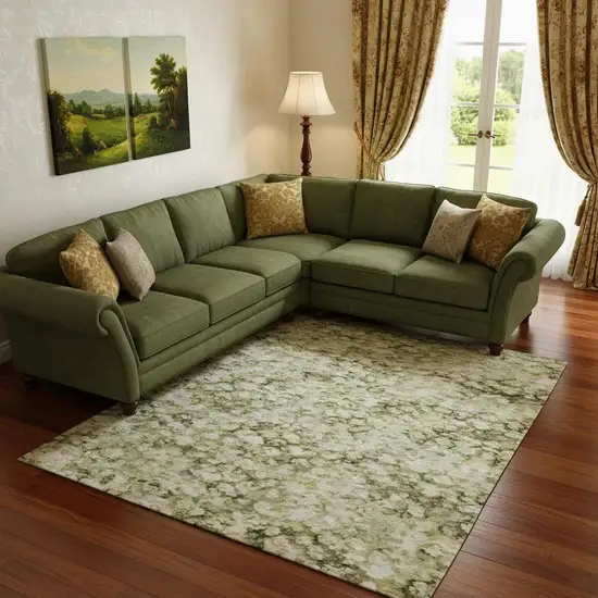 Artichoke Green Gray And Silver Abstract Washable Area Rug With UV Protection Photo 2