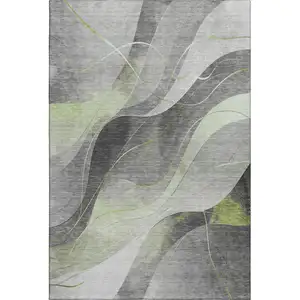 Photo of Artichoke Green Gray And Silver Abstract Washable Area Rug With UV Protection