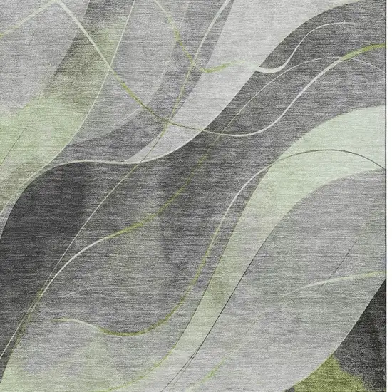 Artichoke Green Gray And Silver Abstract Washable Area Rug With UV Protection Photo 2