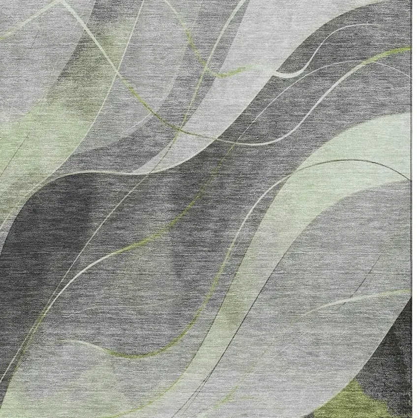Artichoke Green Gray And Silver Abstract Washable Area Rug With UV Protection Photo 2