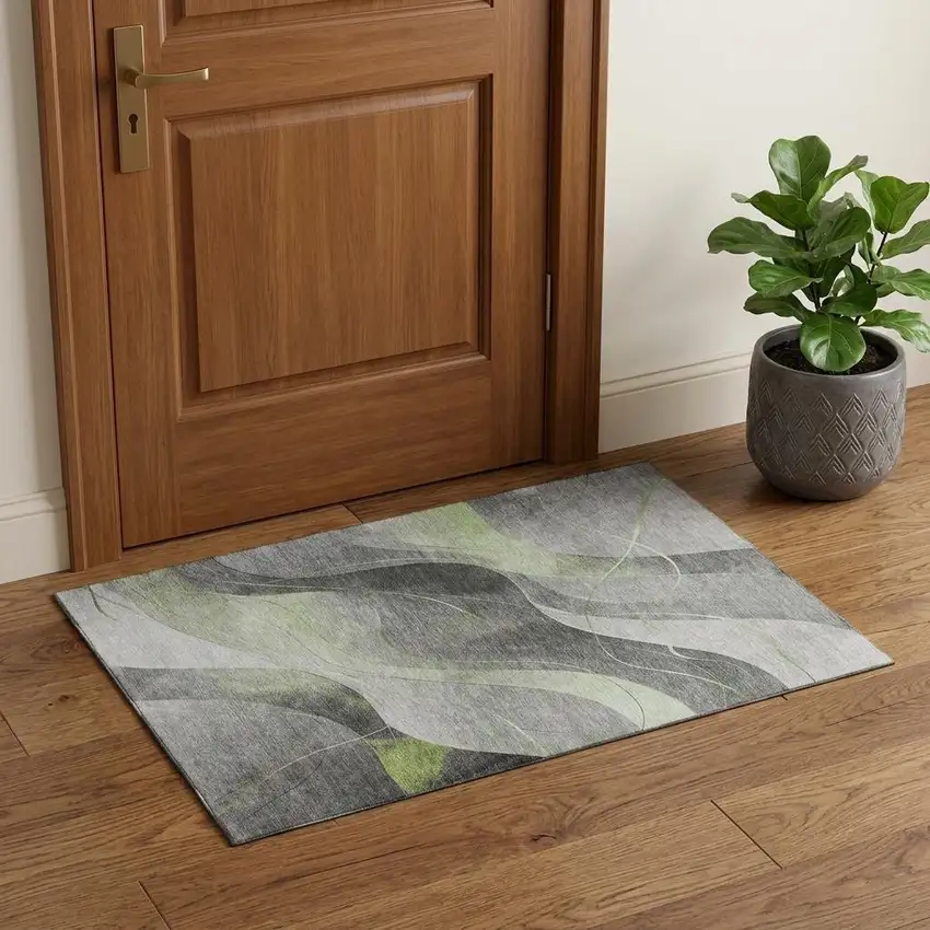 Artichoke Green Gray And Silver Abstract Washable Area Rug With UV Protection Photo 1