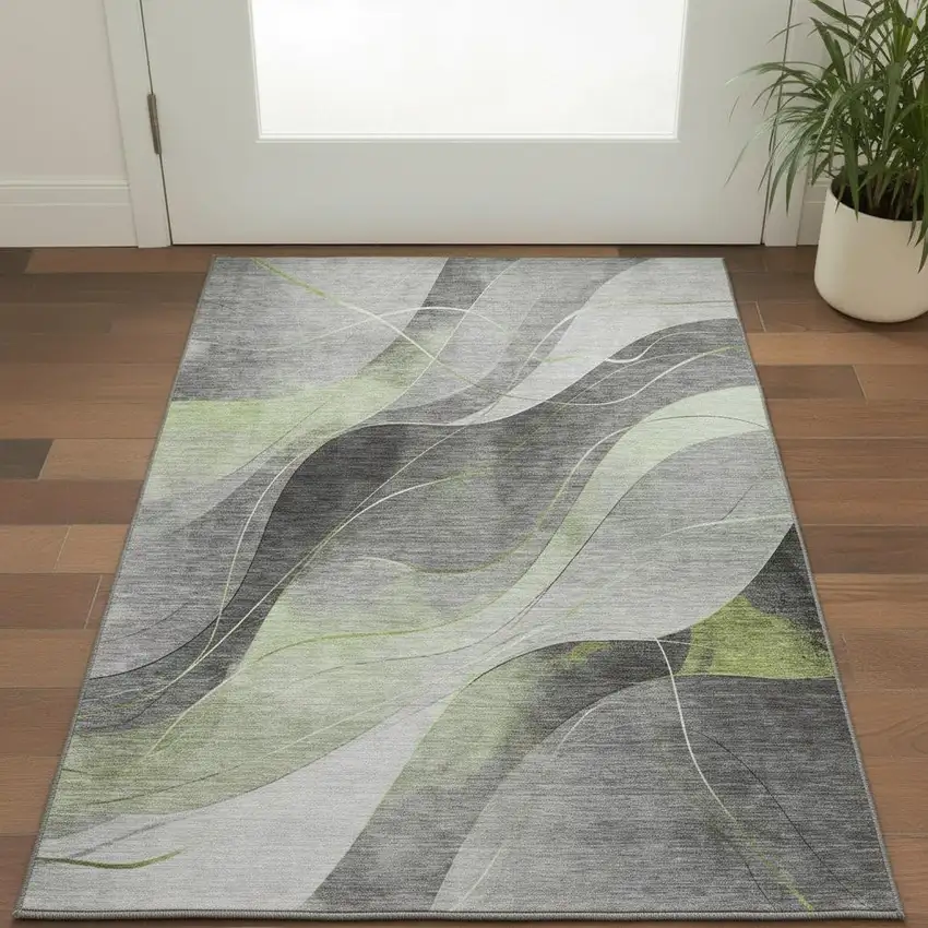 Artichoke Green Gray And Silver Abstract Washable Area Rug With UV Protection Photo 1