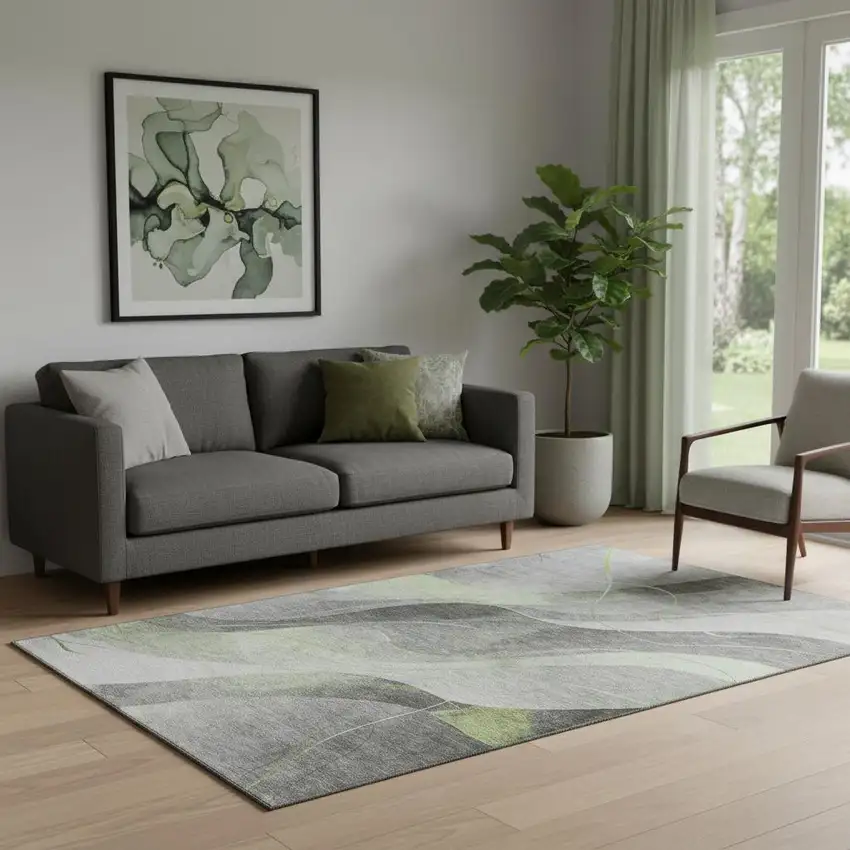 Artichoke Green Gray And Silver Abstract Washable Area Rug With UV Protection Photo 2