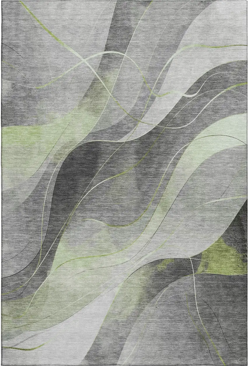 Artichoke Green Gray And Silver Abstract Washable Area Rug With UV Protection Photo 1