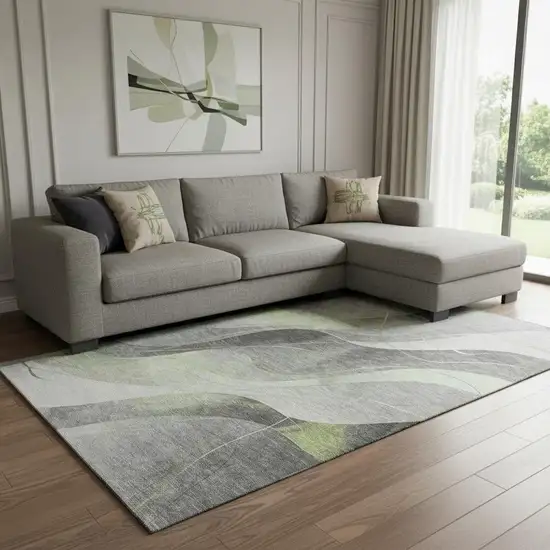 Artichoke Green Gray And Silver Abstract Washable Area Rug With UV Protection Photo 2