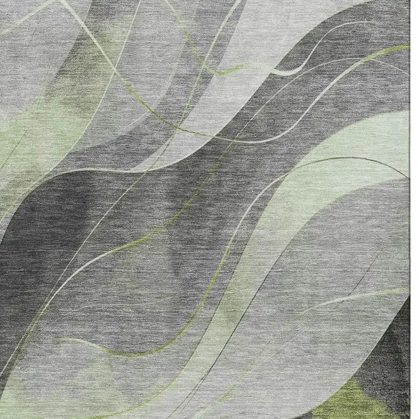 Artichoke Green Gray And Silver Abstract Washable Area Rug With UV Protection Photo 2
