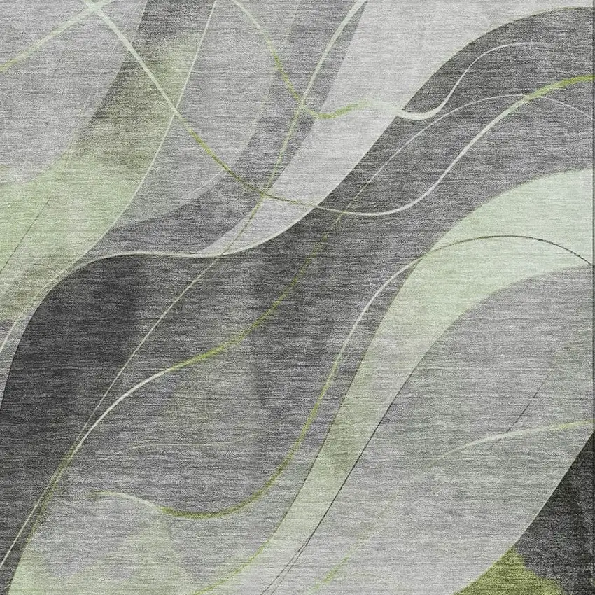 Artichoke Green Gray And Silver Abstract Washable Area Rug With UV Protection Photo 2
