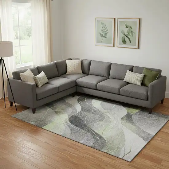 Artichoke Green Gray And Silver Abstract Washable Area Rug With UV Protection Photo 2