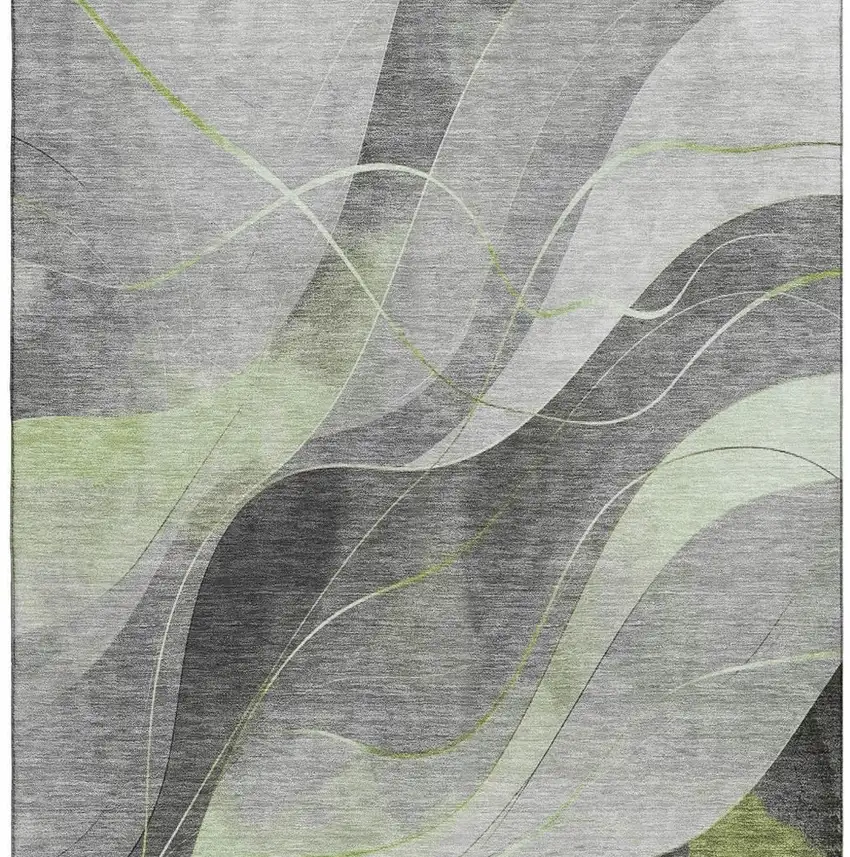 Artichoke Green Gray And Silver Abstract Washable Area Rug With UV Protection Photo 3