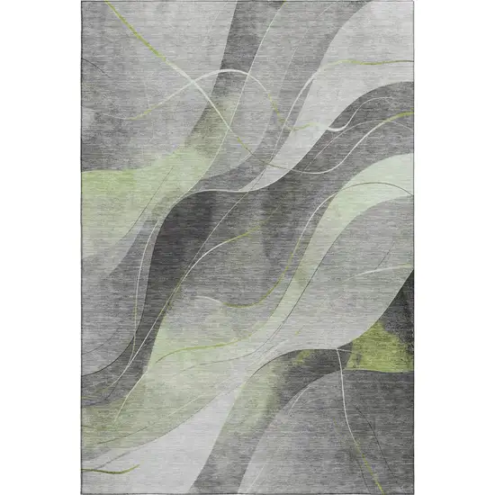 Artichoke Green Gray And Silver Abstract Washable Area Rug With UV Protection Photo 1