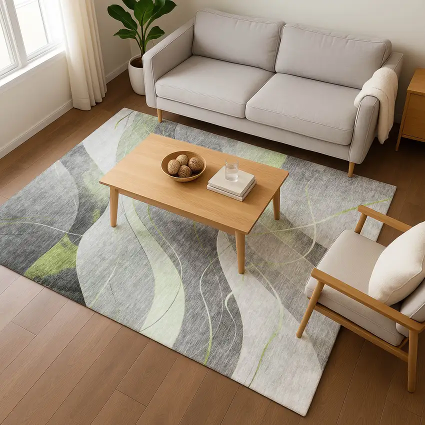 Artichoke Green Gray And Silver Abstract Washable Area Rug With UV Protection Photo 5