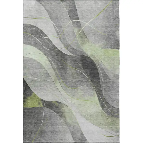 Artichoke Green Gray And Silver Abstract Washable Area Rug With UV Protection Photo 3