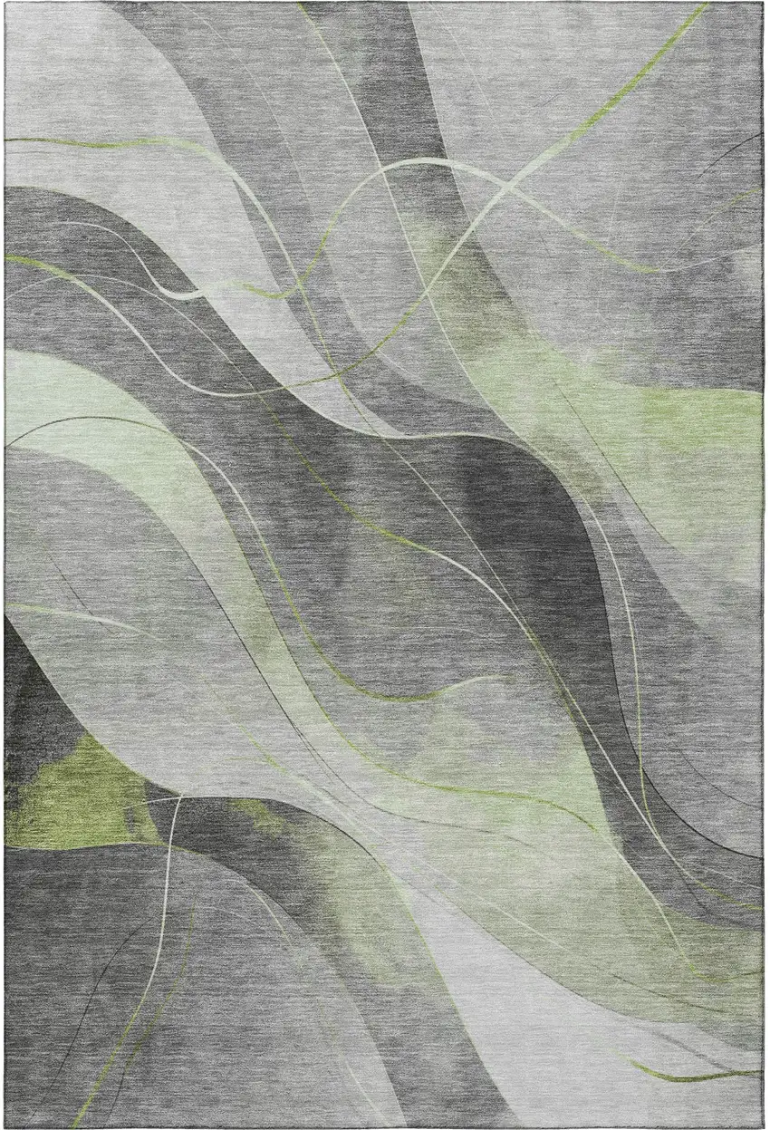 Artichoke Green Gray And Silver Abstract Washable Area Rug With UV Protection Photo 3