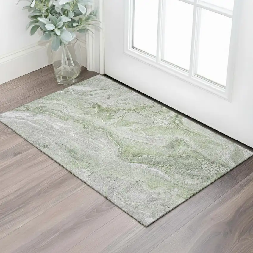 Artichoke Green Gray And Silver Abstract Washable Area Rug With UV Protection Photo 2