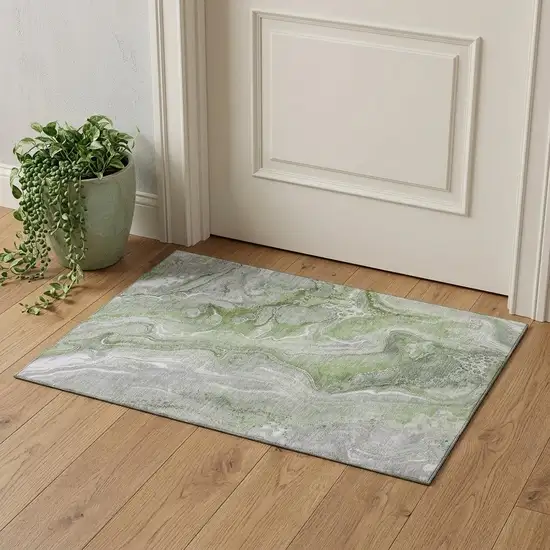 Artichoke Green Gray And Silver Abstract Washable Area Rug With UV Protection Photo 1