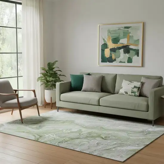 Artichoke Green Gray And Silver Abstract Washable Area Rug With UV Protection Photo 2